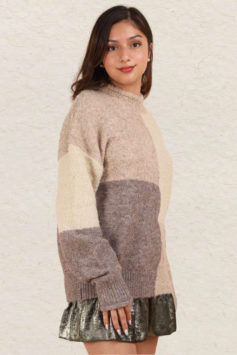 VERY J Color Block Mock Neck Drop Shoulder Sweater