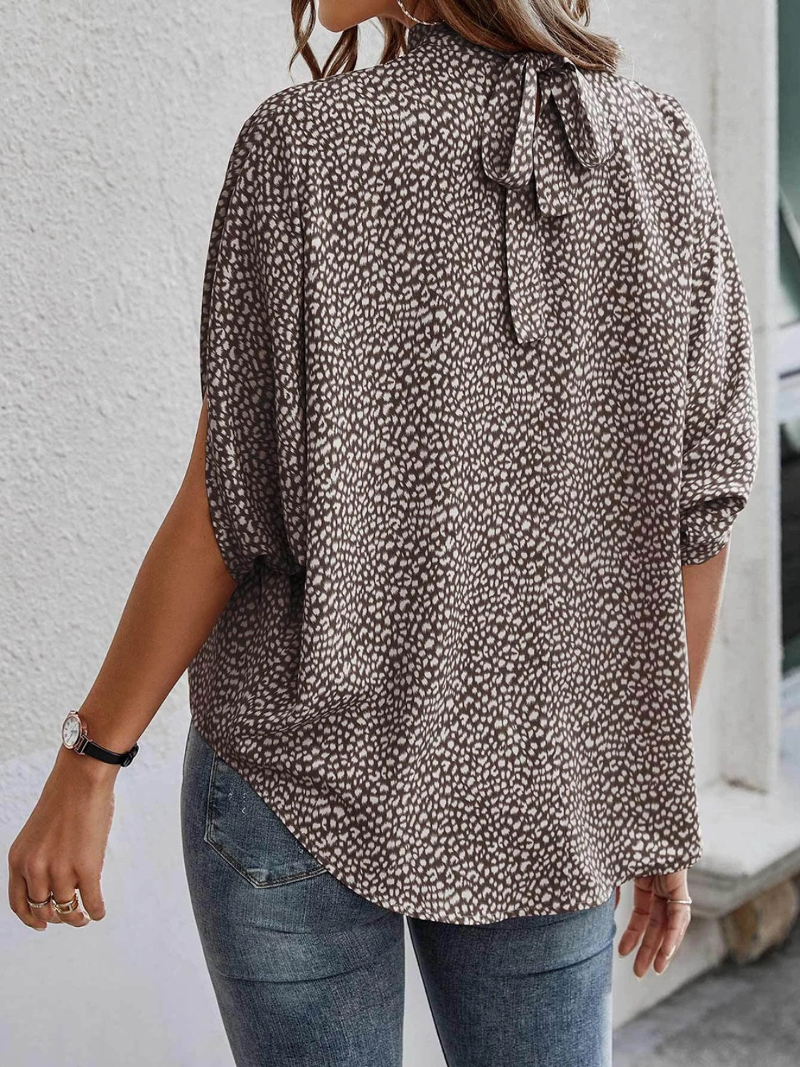 Bluse mit Stehkragen und halblangen Ärmeln und Print