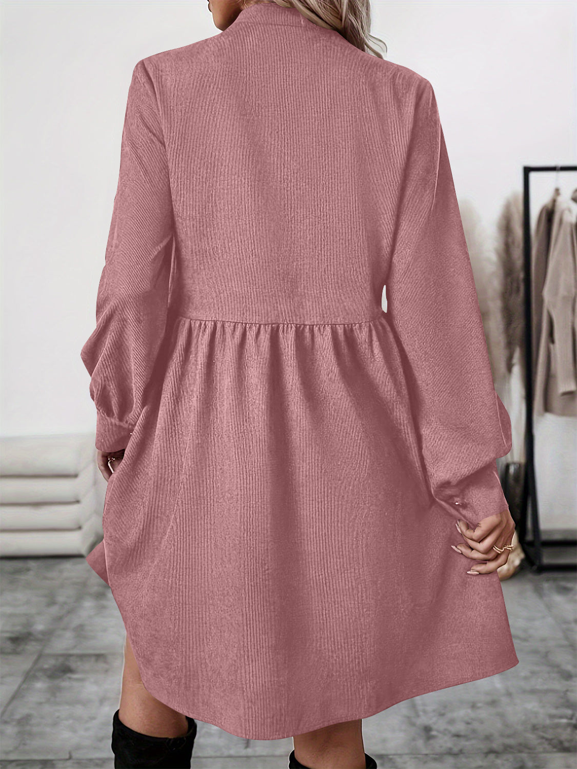 Ruched Button Up Long Sleeve Dress