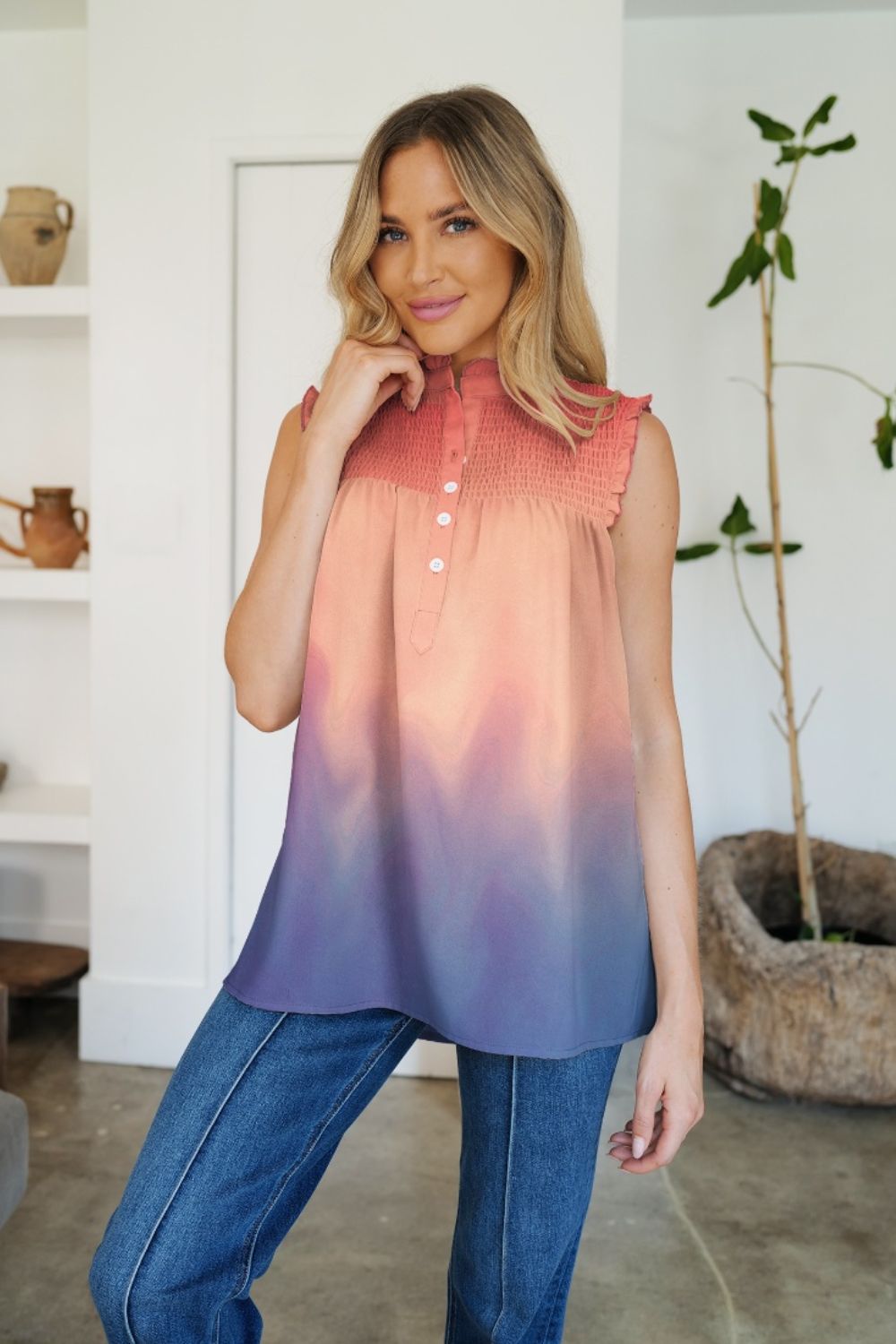 Frill Printed Mock Neck Top