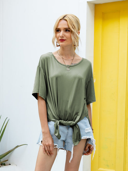 Slit Boat Neck Half Sleeve T-Shirt