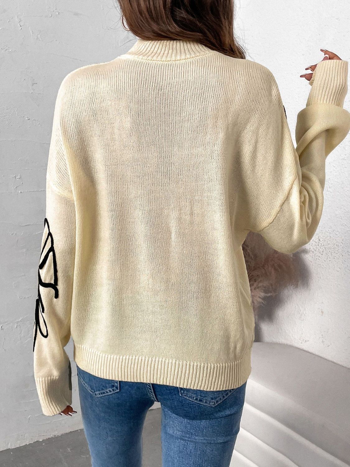 Perfee Mock Neck Dropped Shoulder Long Sleeve Sweater