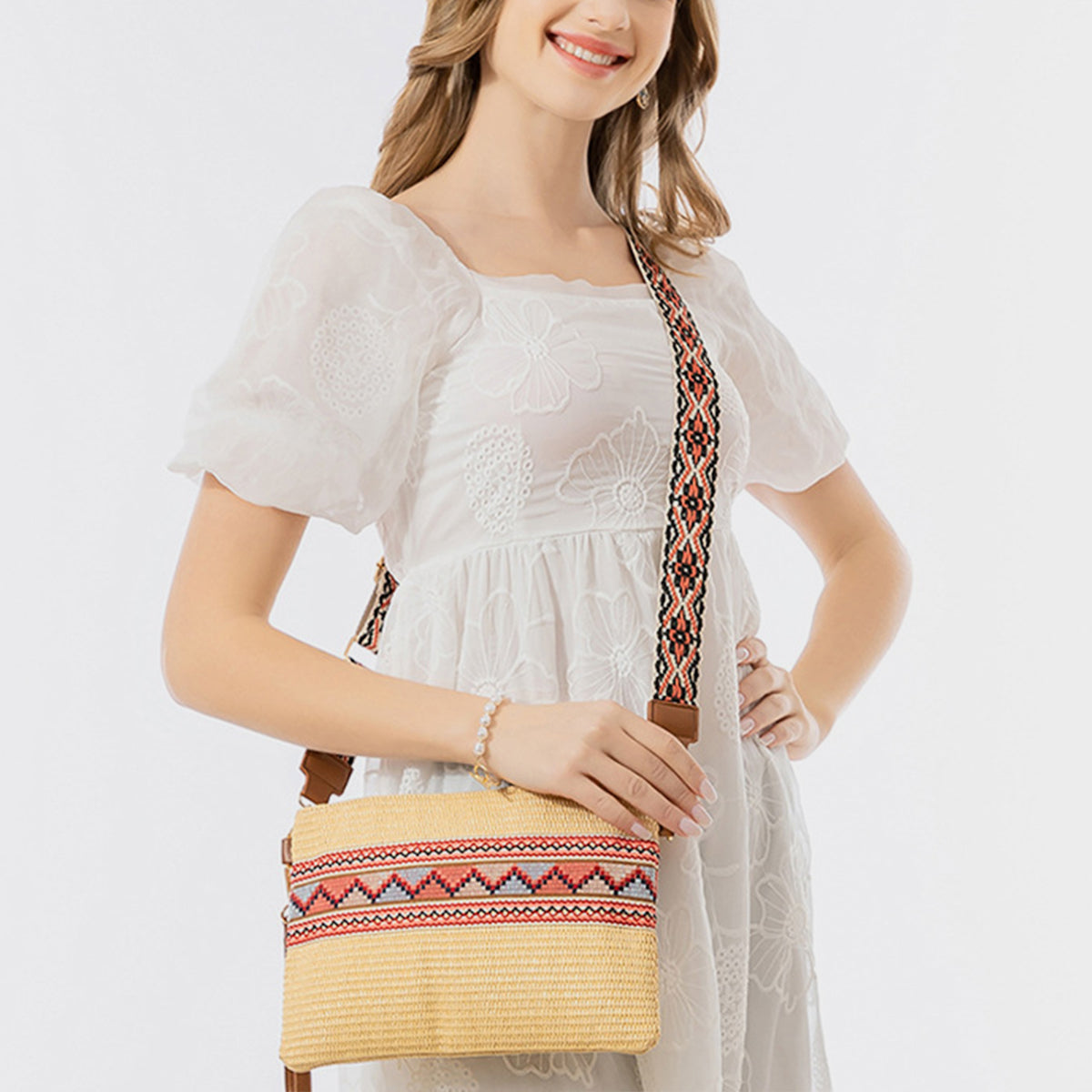 Geometric Straw Weave Crossbody Bag