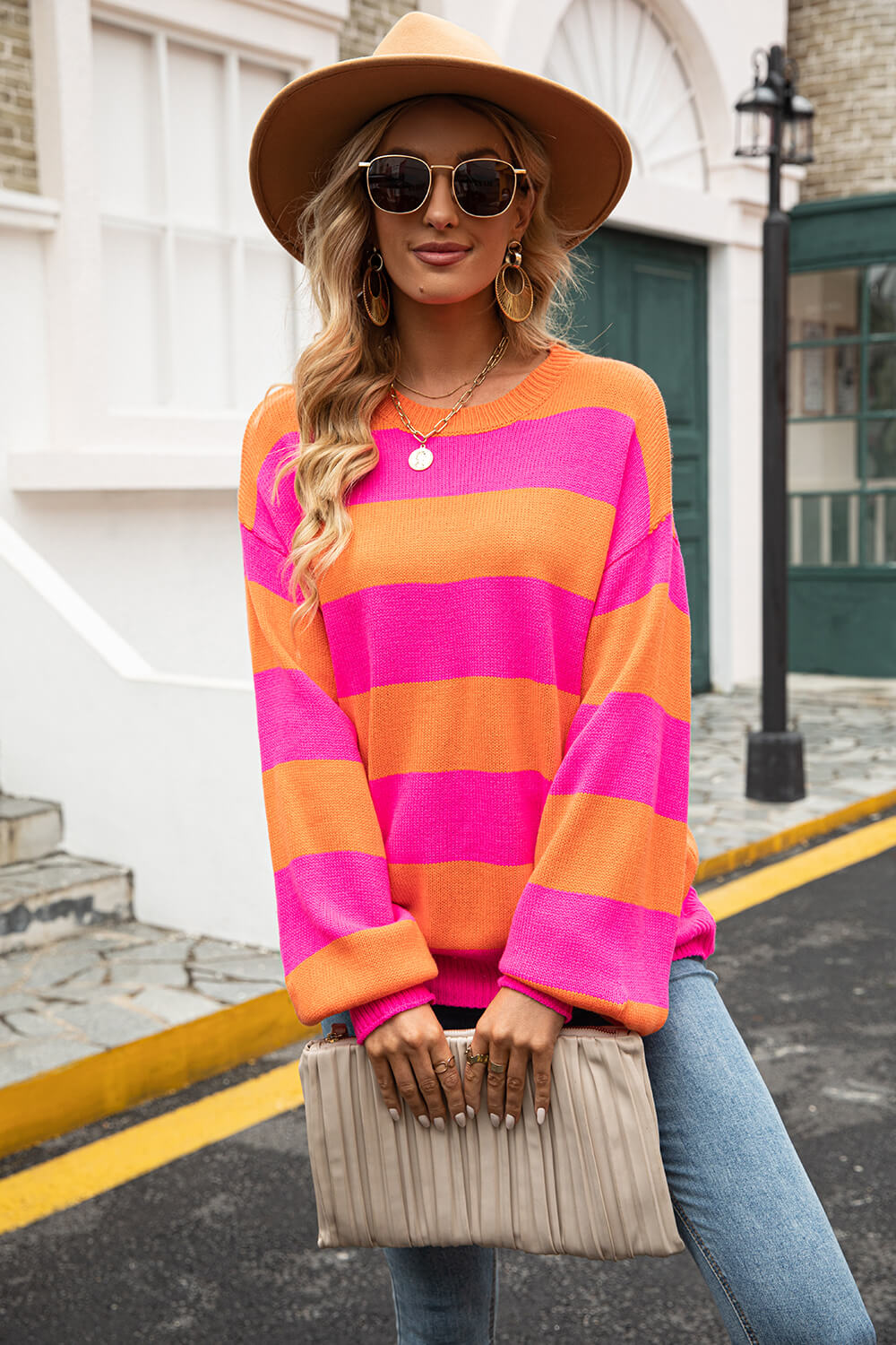 Angel Wings Striped Balloon Sleeve Knit Pullover