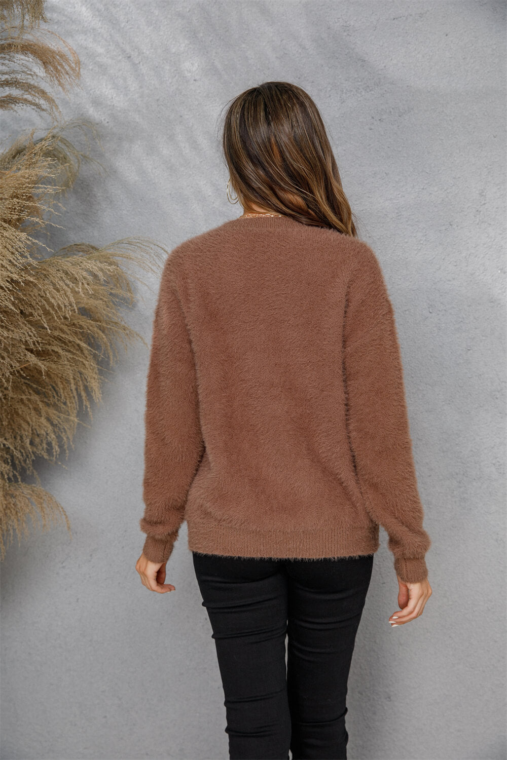 Angel Wings Dropped Shoulder Round Neck Fuzzy Sweater