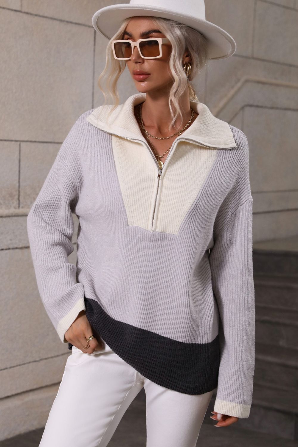 Color Block Half-Zip Dropped Shoulder Knit Pullover