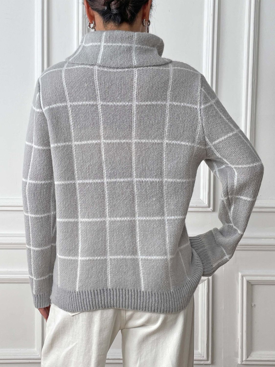 Heart Plaid Turtleneck Long Sleeve Sweater