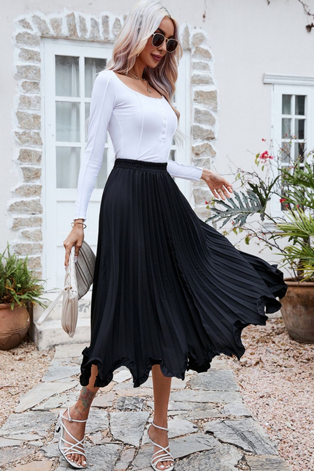 Frill Trim Pleated Elastic Waist Skirt