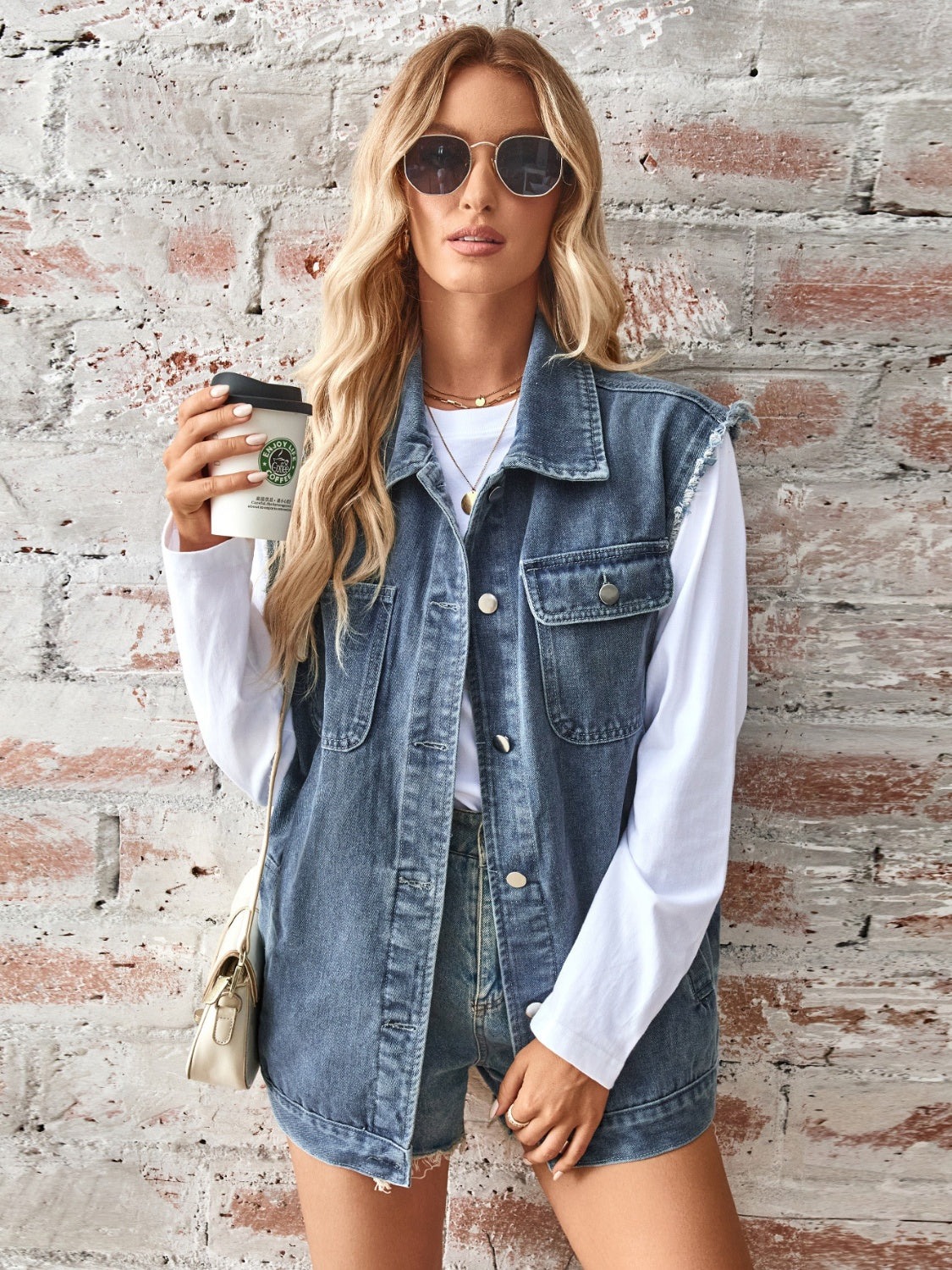 Raw Hem Sleeveless Button Up Denim Jacket