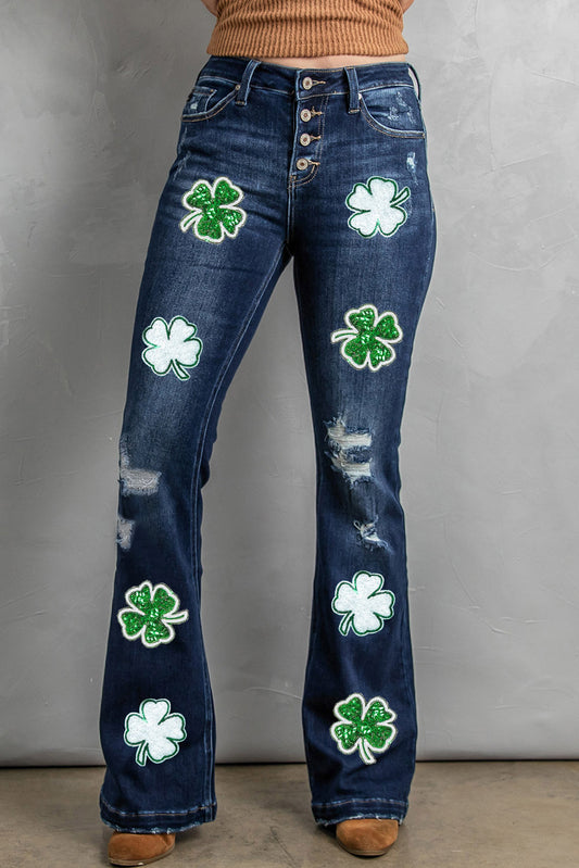 Jeans mit Pailletten im Used-Look „Lucky Clover“