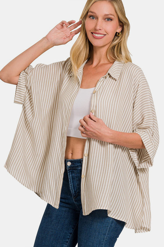 Zenana Striped Button Up Half Sleeve Shirt