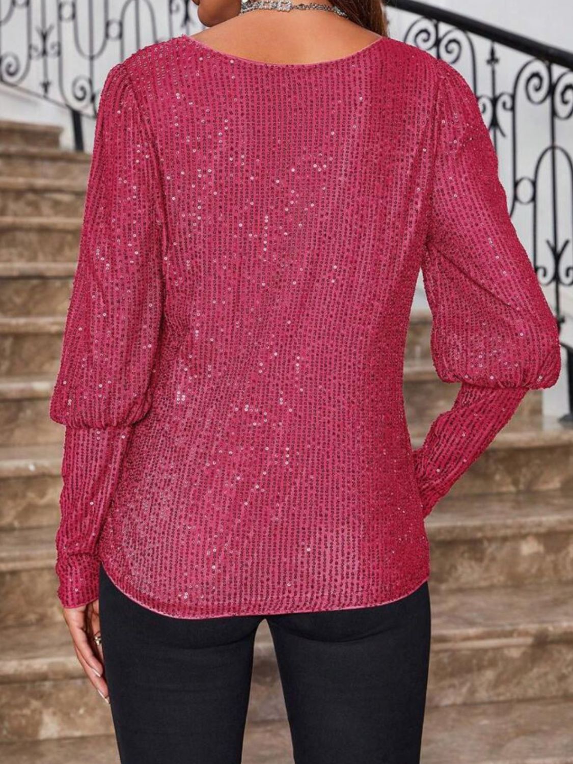 Sequin Boat Neck Long Sleeve Top