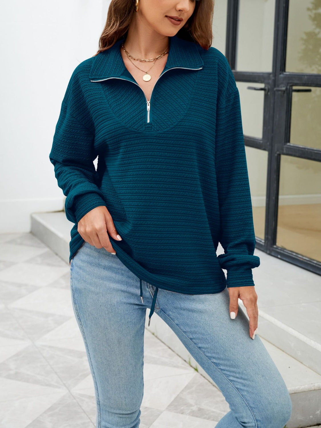 Textured Quarter Zip Long Sleeve Sweatshirt