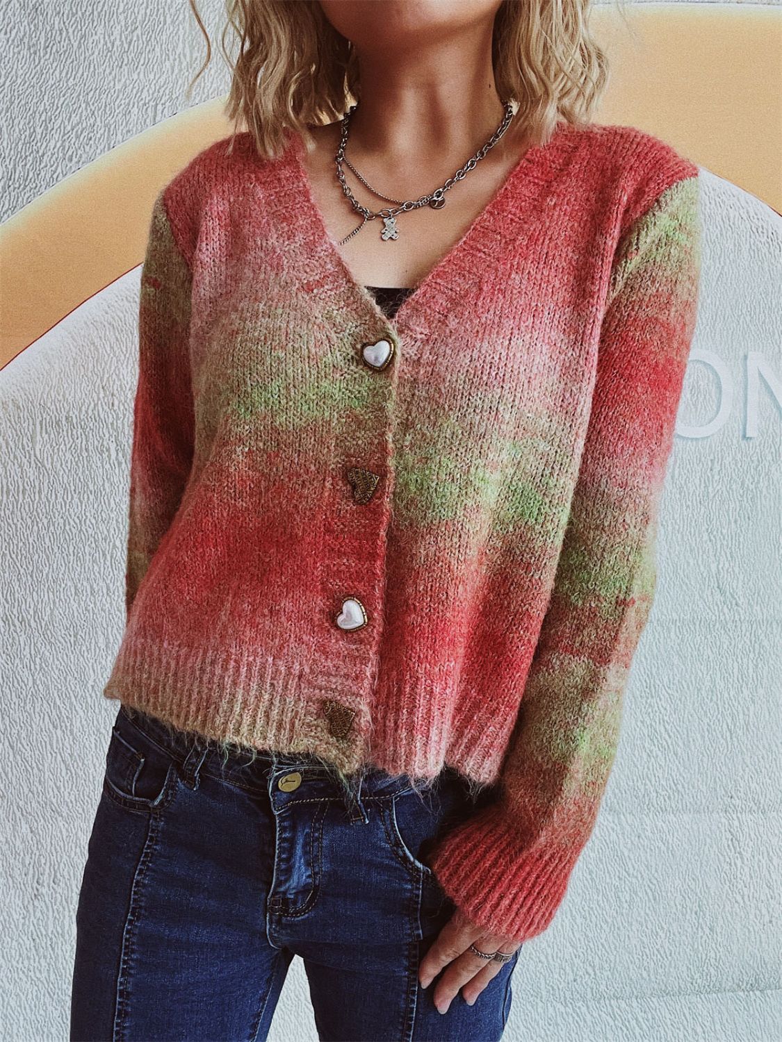 Gradient Heart Shape Button V-Neck Cardigan