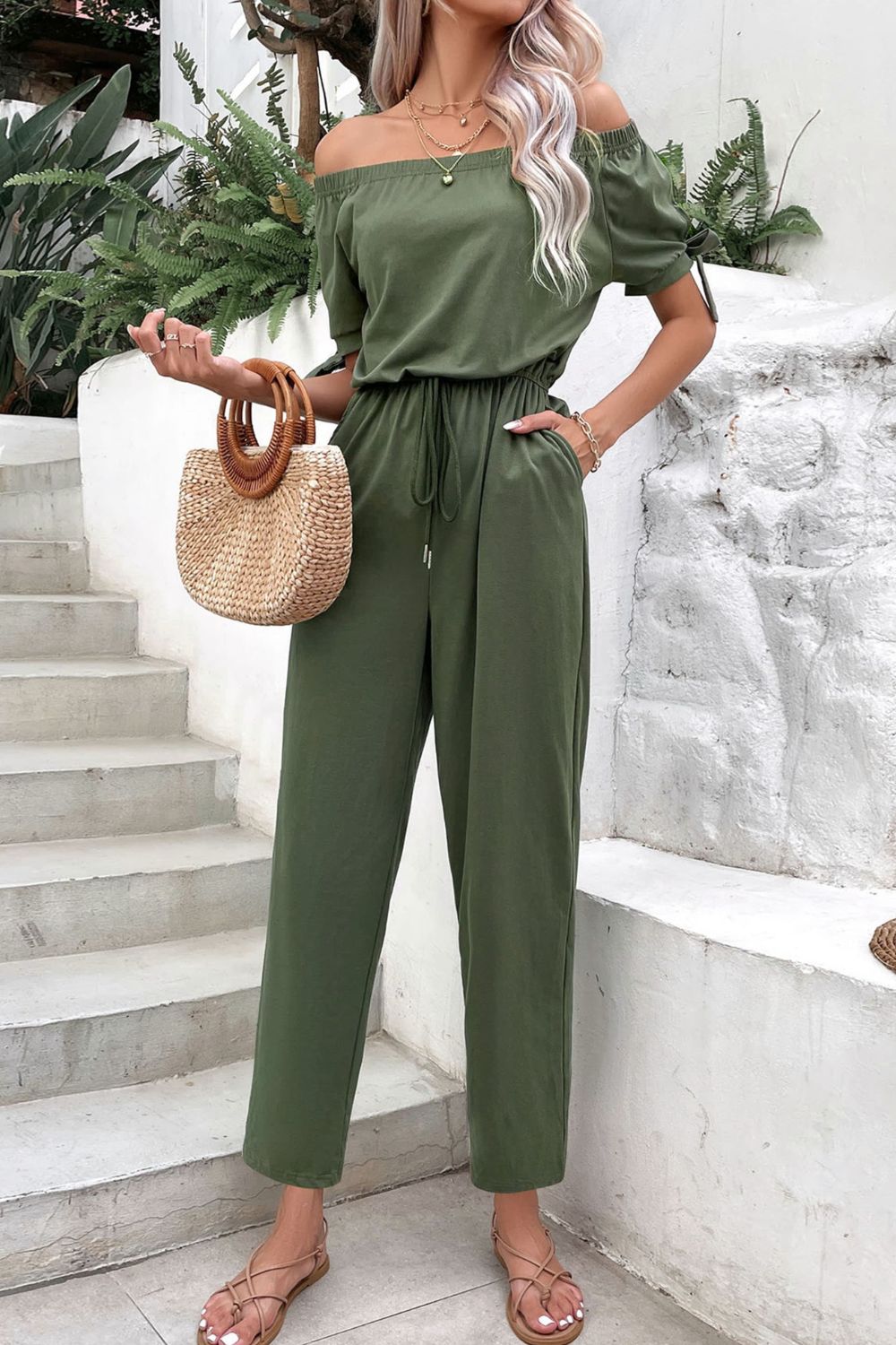 Off-Shoulder Tie Cuff Jumpsuit with Pockets