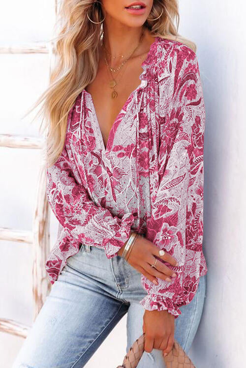 Floral Tie Neck Flounce Sleeve Blouse