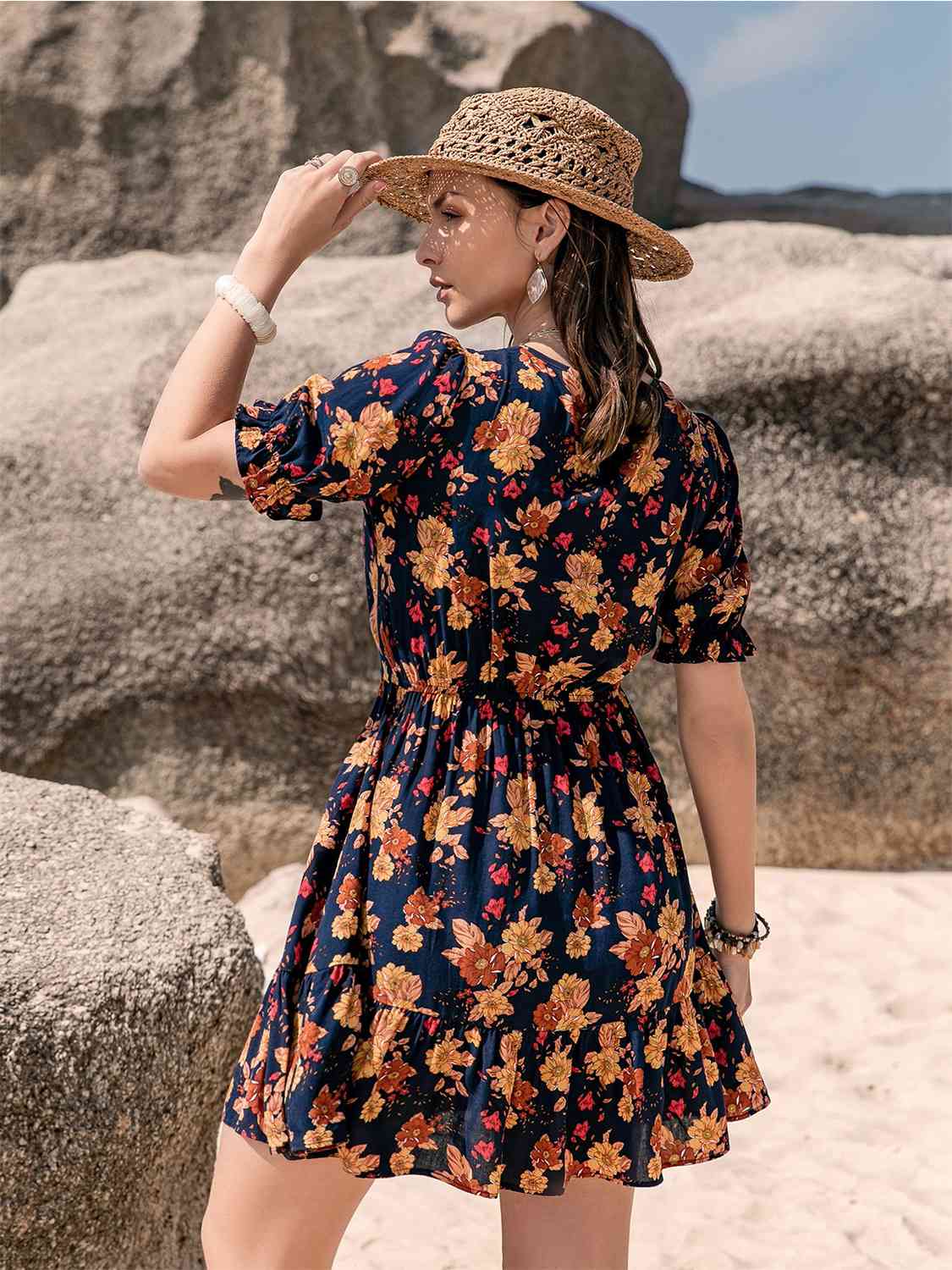 Foral V-Neck Flounce Sleeve Ruffle Hem Dress