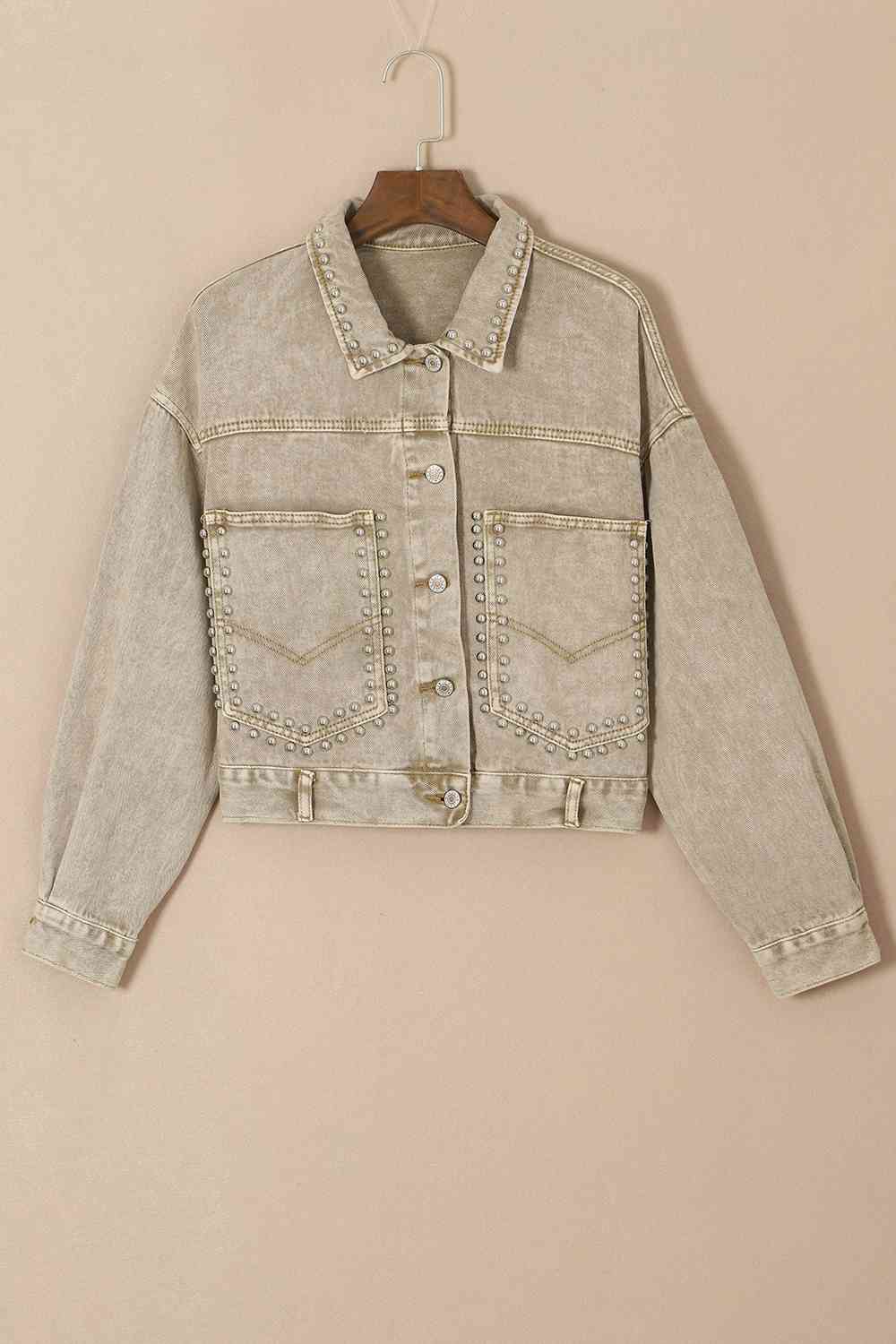 Studded Collared Neck Denim Jacket with Pockets