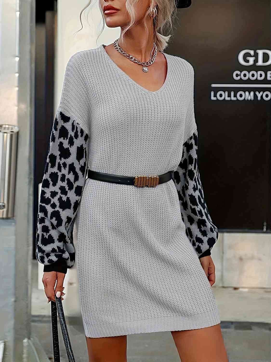 Leopard Splicing Sweater Dress