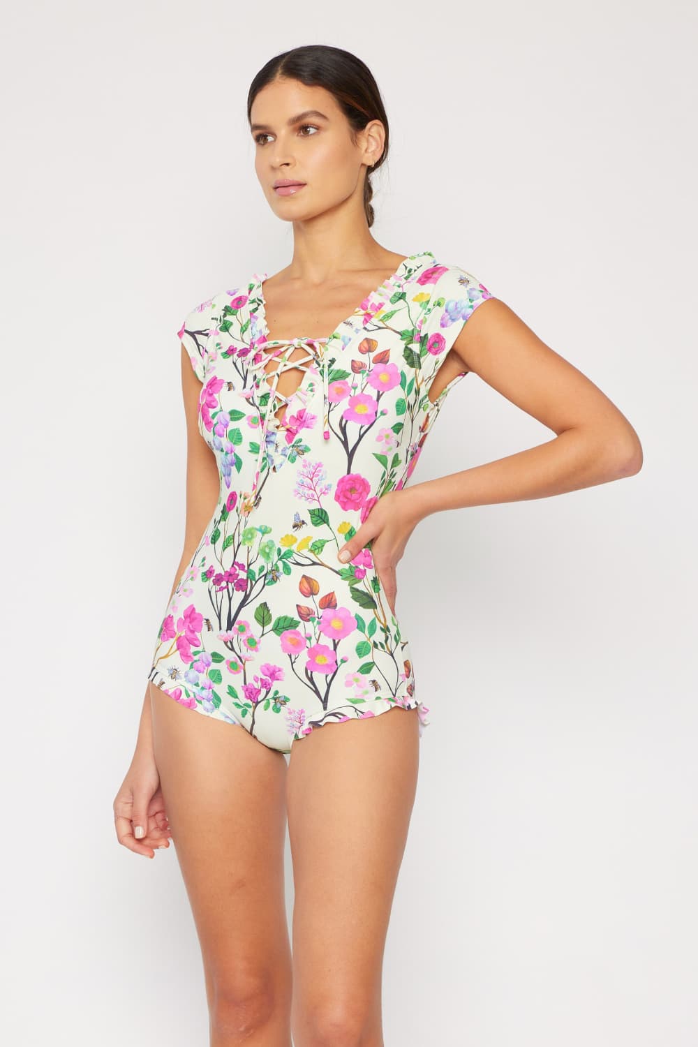 Marina West Swim Bring Me Flowers Einteiliger Badeanzug mit V-Ausschnitt, Kirschblüten-Creme