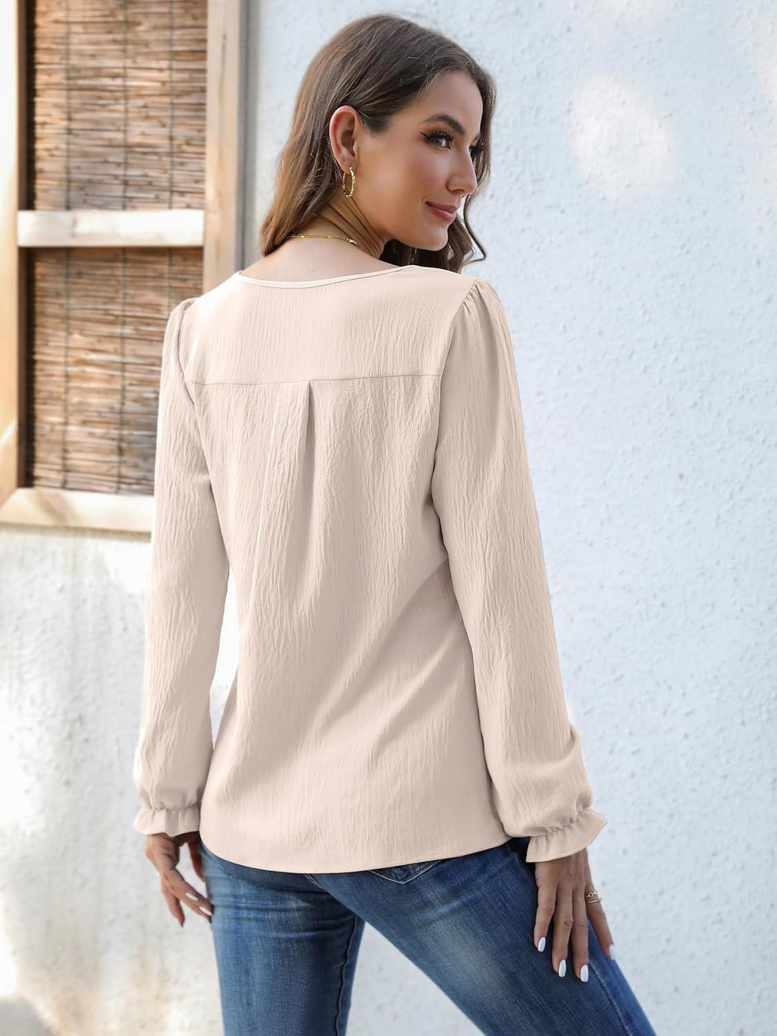 Notched Flounce Sleeve Blouse