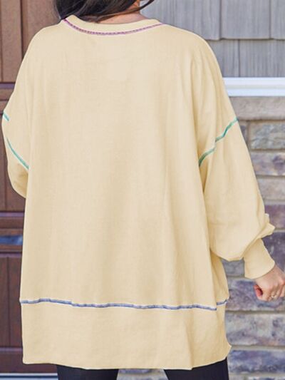 Slit Round Neck Lantern Sleeve Sweatshirt