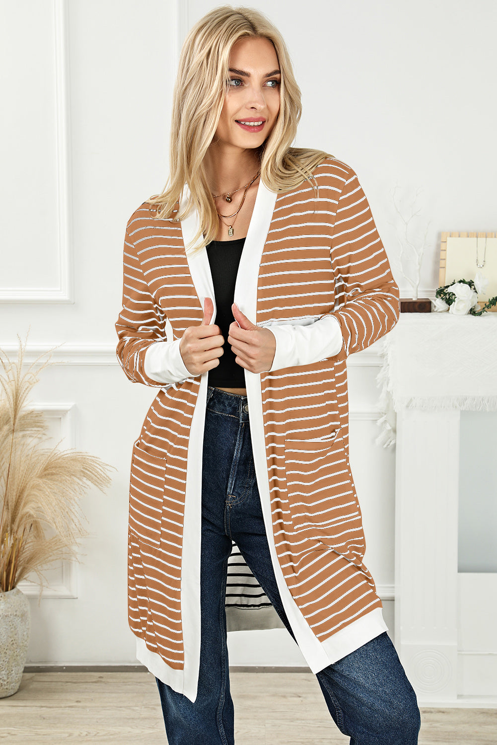 Gestreifter Longline-Cardigan mit offener Vorderseite