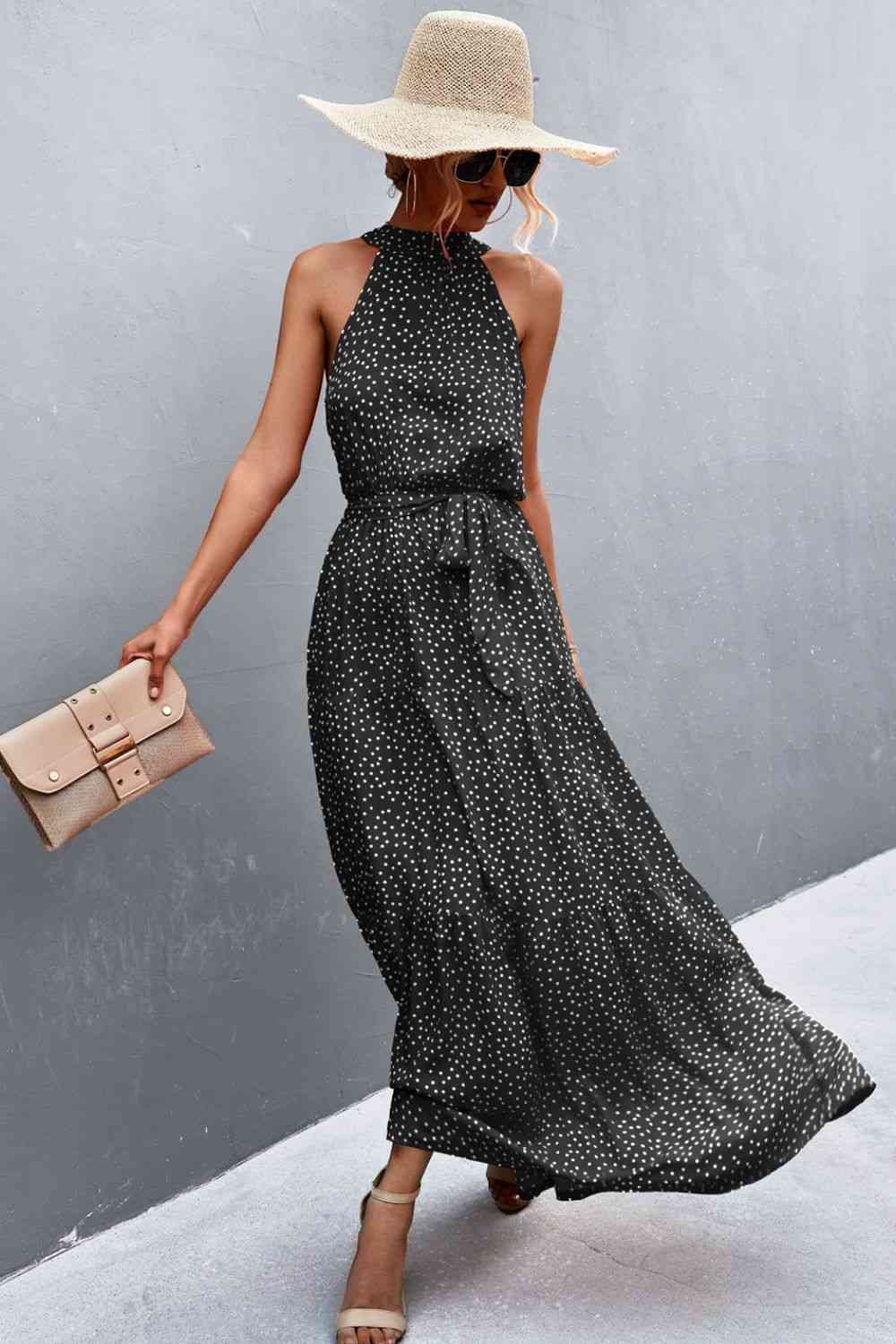 Printed Sleeveless Tie Waist Maxi Dress