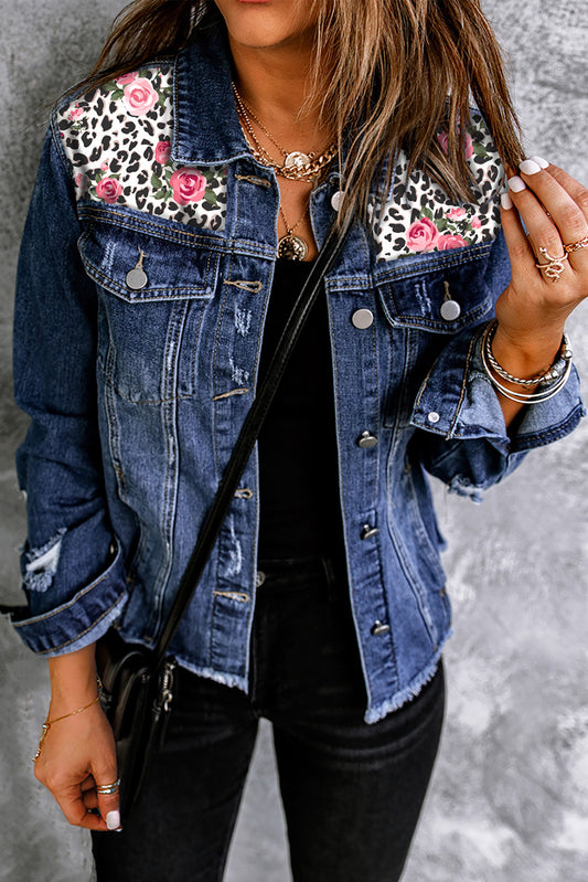 Jeansjacke mit Knopfleiste und Distressed-Print