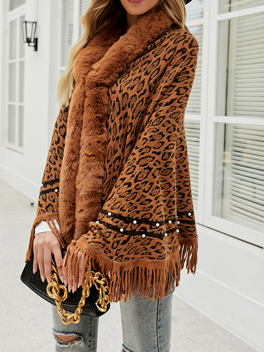 Poncho mit Leopardenmuster und Fransensaum