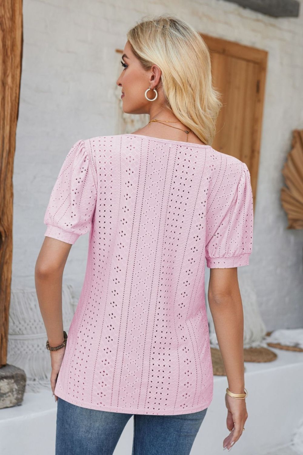 Eyelet Round Neck Short Sleeve Blouse