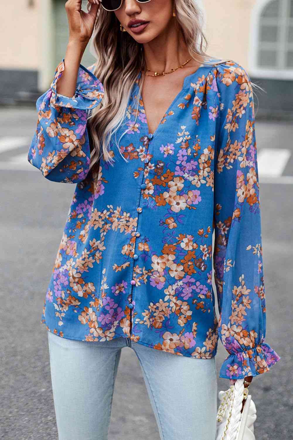 Bluse mit Volantärmeln und Blumendruck