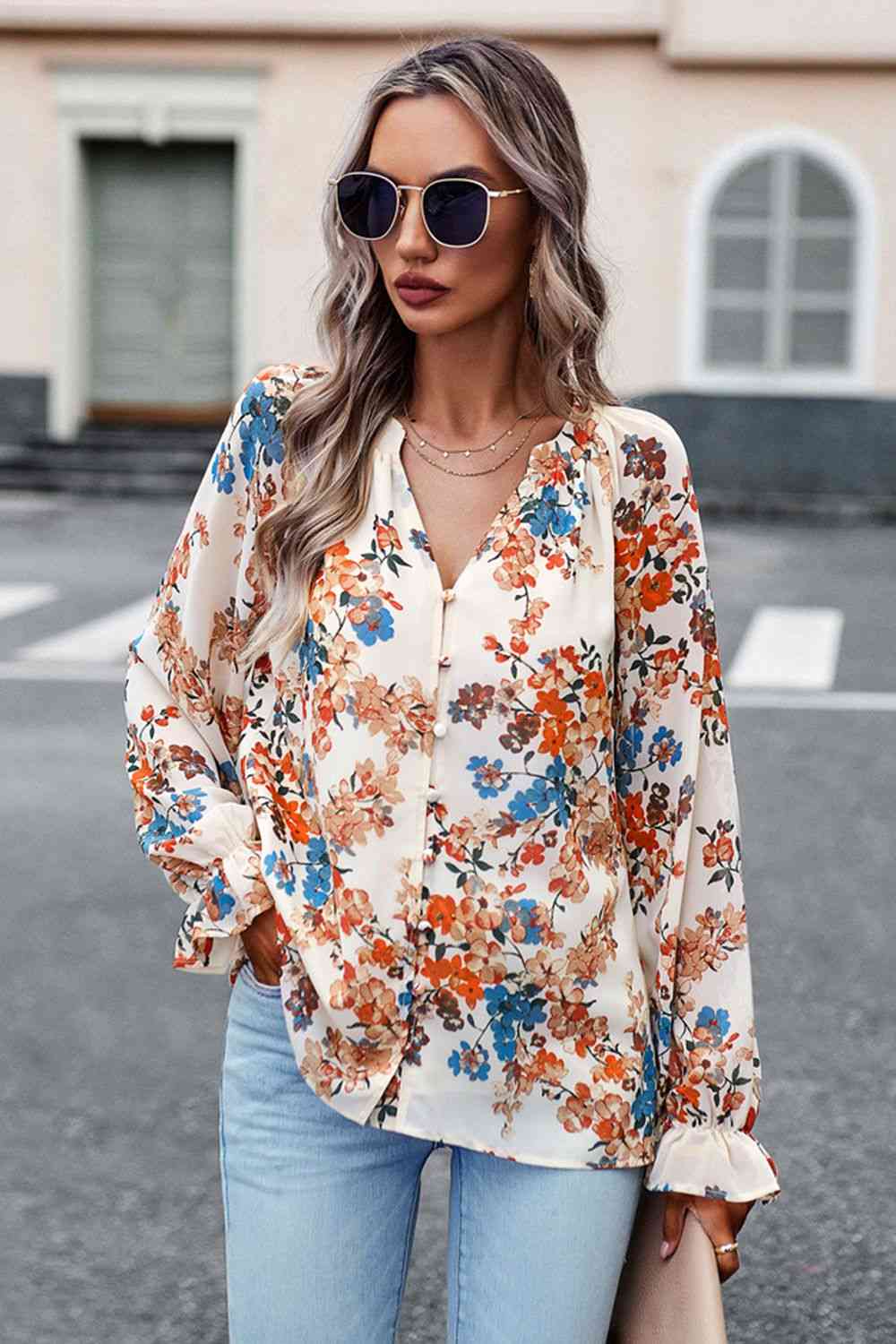 Bluse mit Volantärmeln und Blumendruck