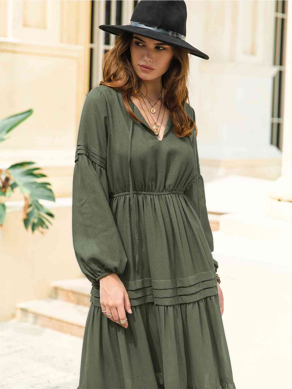 Tie Neck Balloon Sleeve Tiered Dress