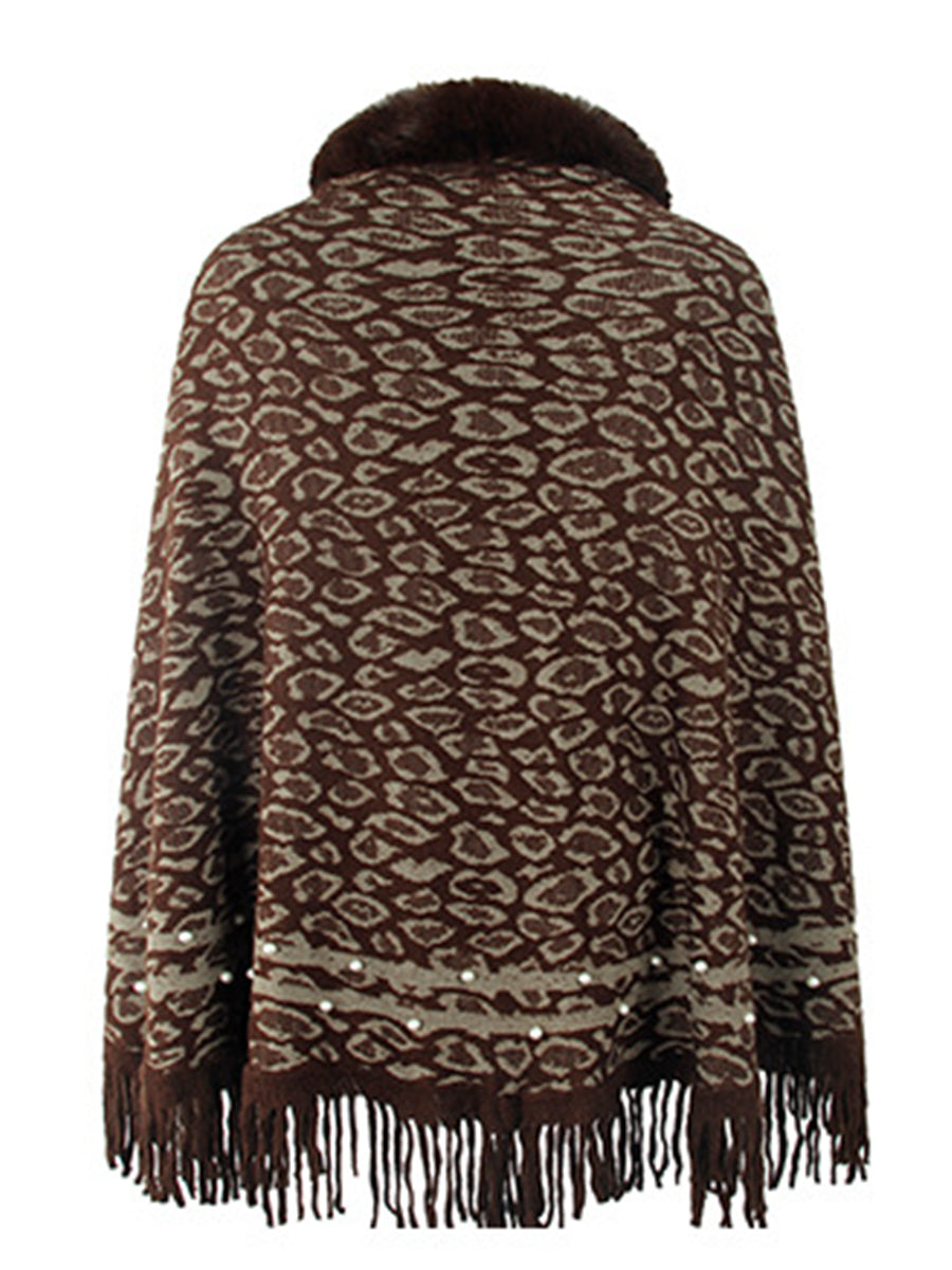 Poncho mit Leopardenmuster und Fransensaum