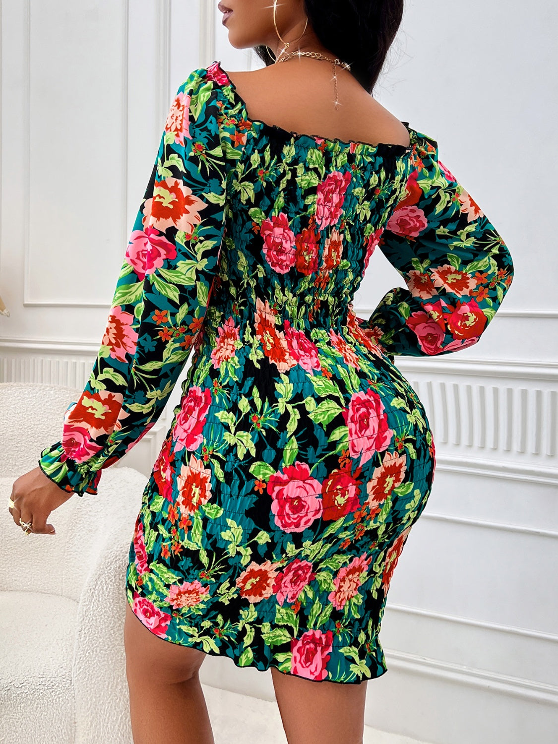 Floral Drawstring Flounce Sleeve Dress