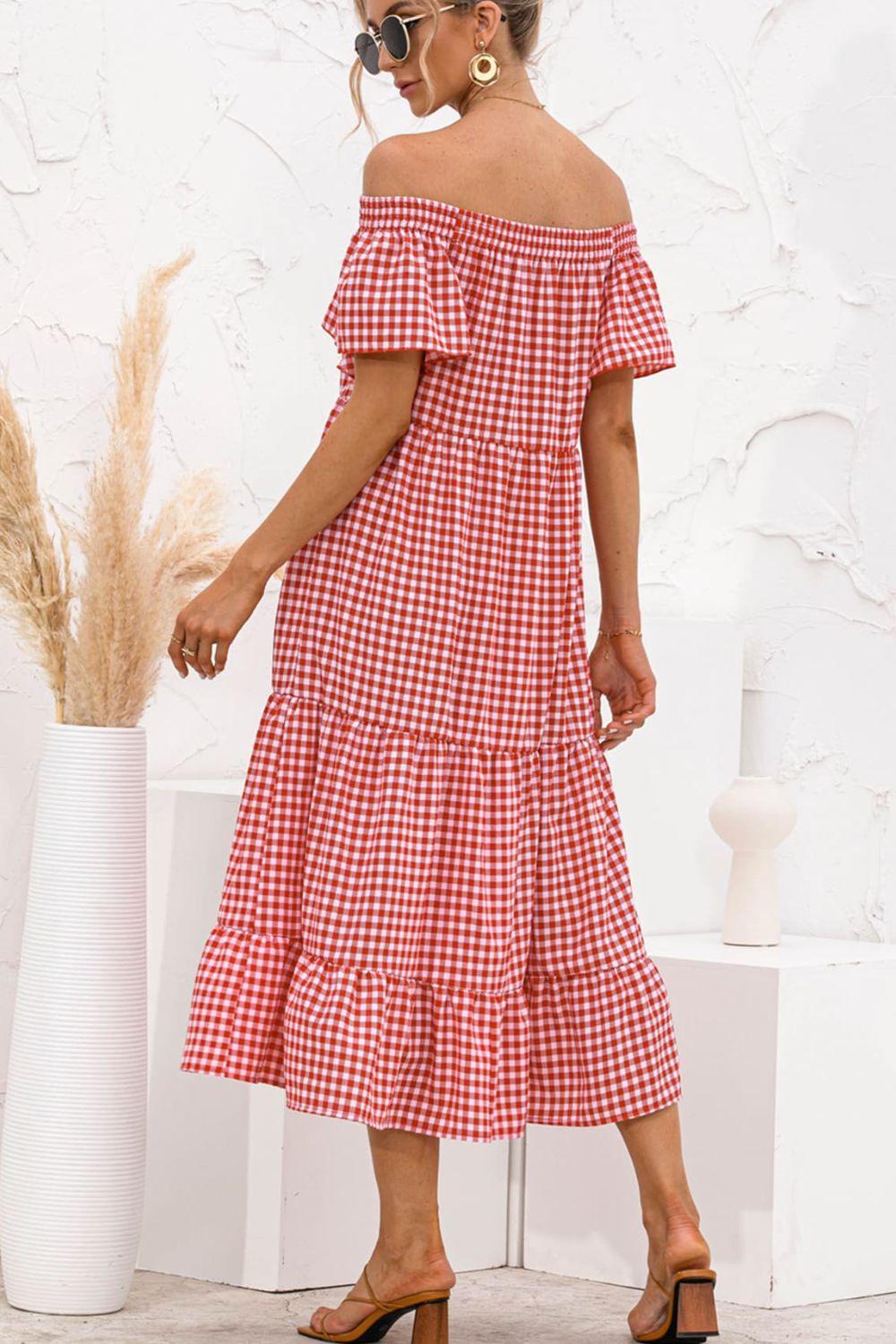 Plaid Off-Shoulder Tiered Midi Dress