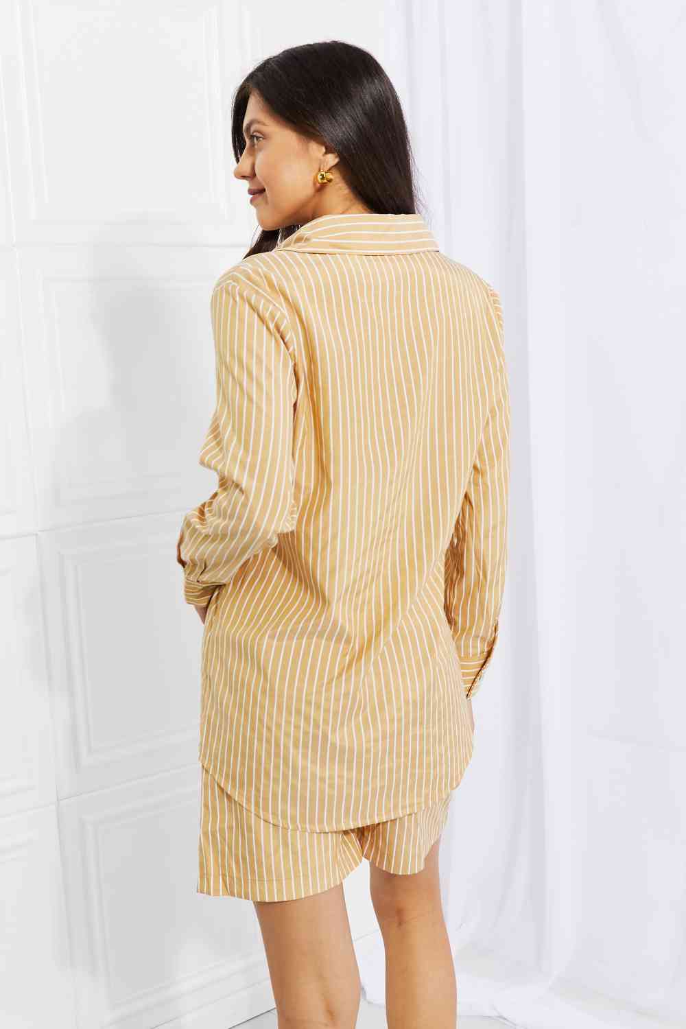 Zenana Striped Shirt and Shorts Loungewear Set in Mustard