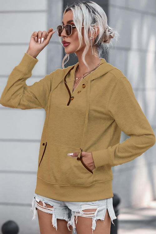 Half Button Drawstring Long Sleeve Hoodie