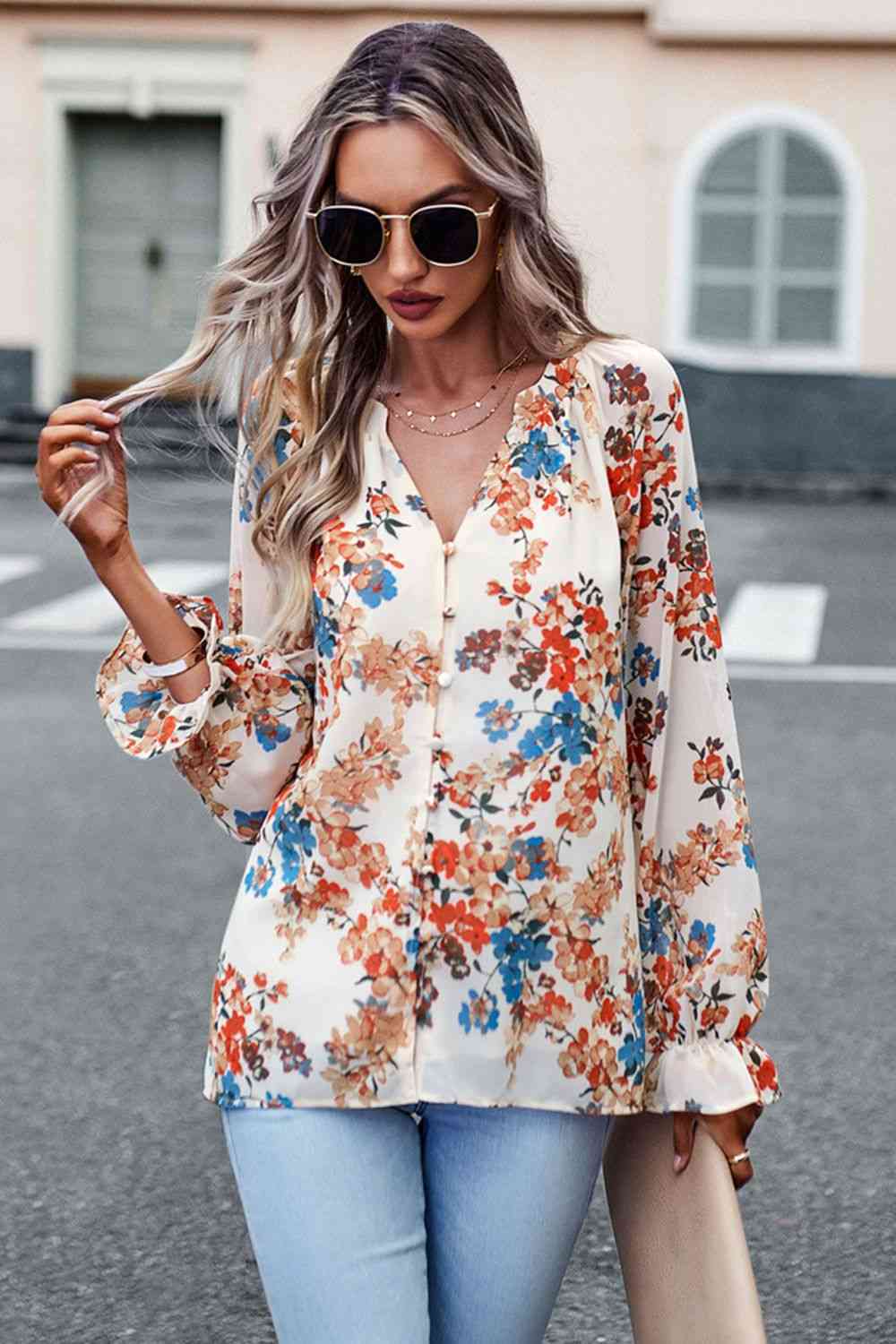 Bluse mit Volantärmeln und Blumendruck