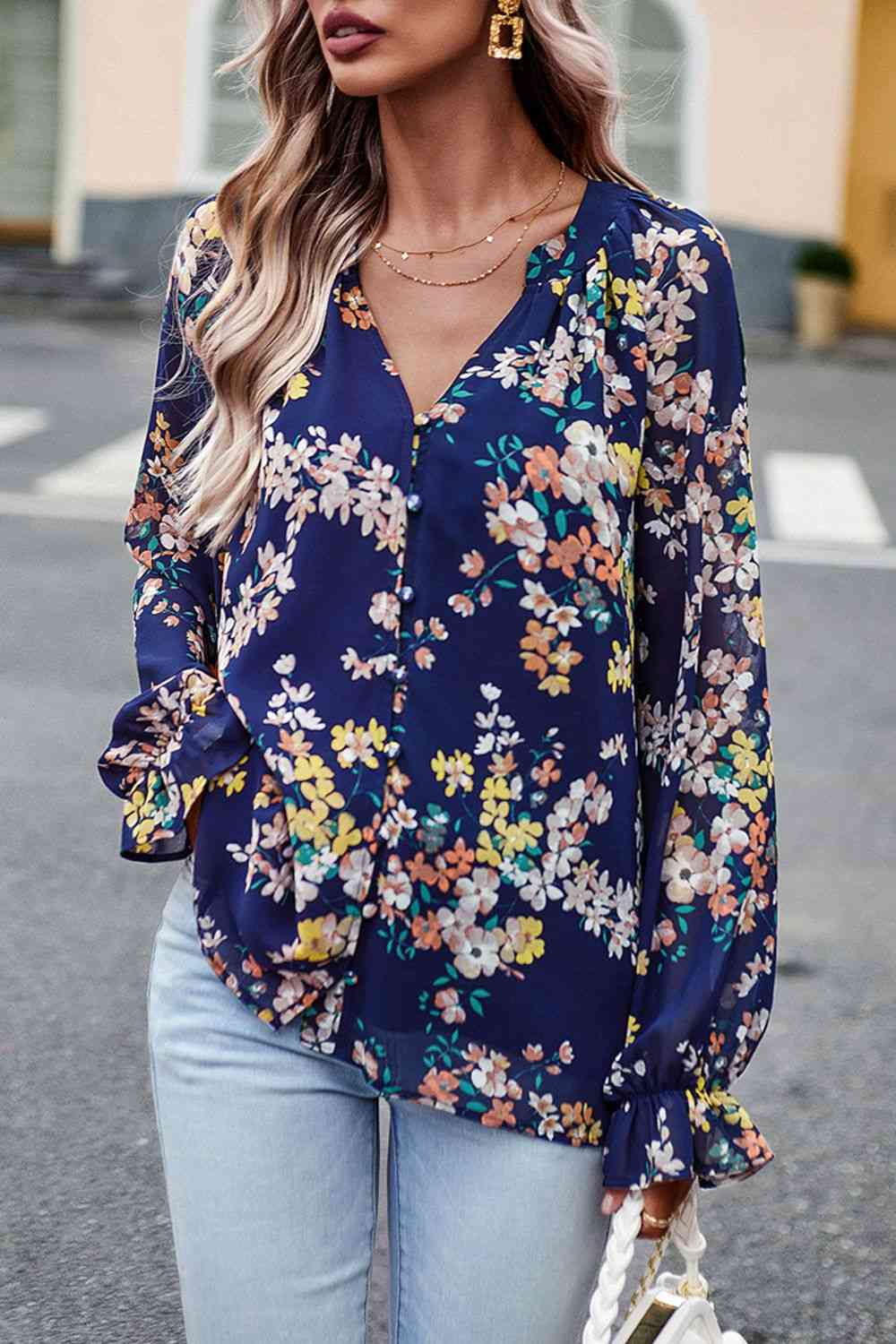 Bluse mit Volantärmeln und Blumendruck