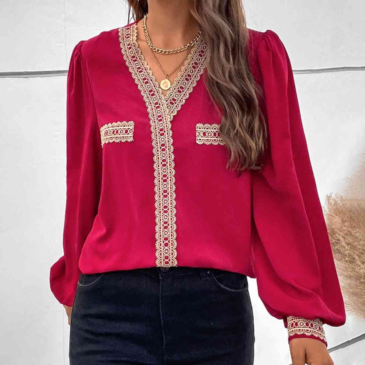 Contrast V-Neck Puff Sleeve Blouse