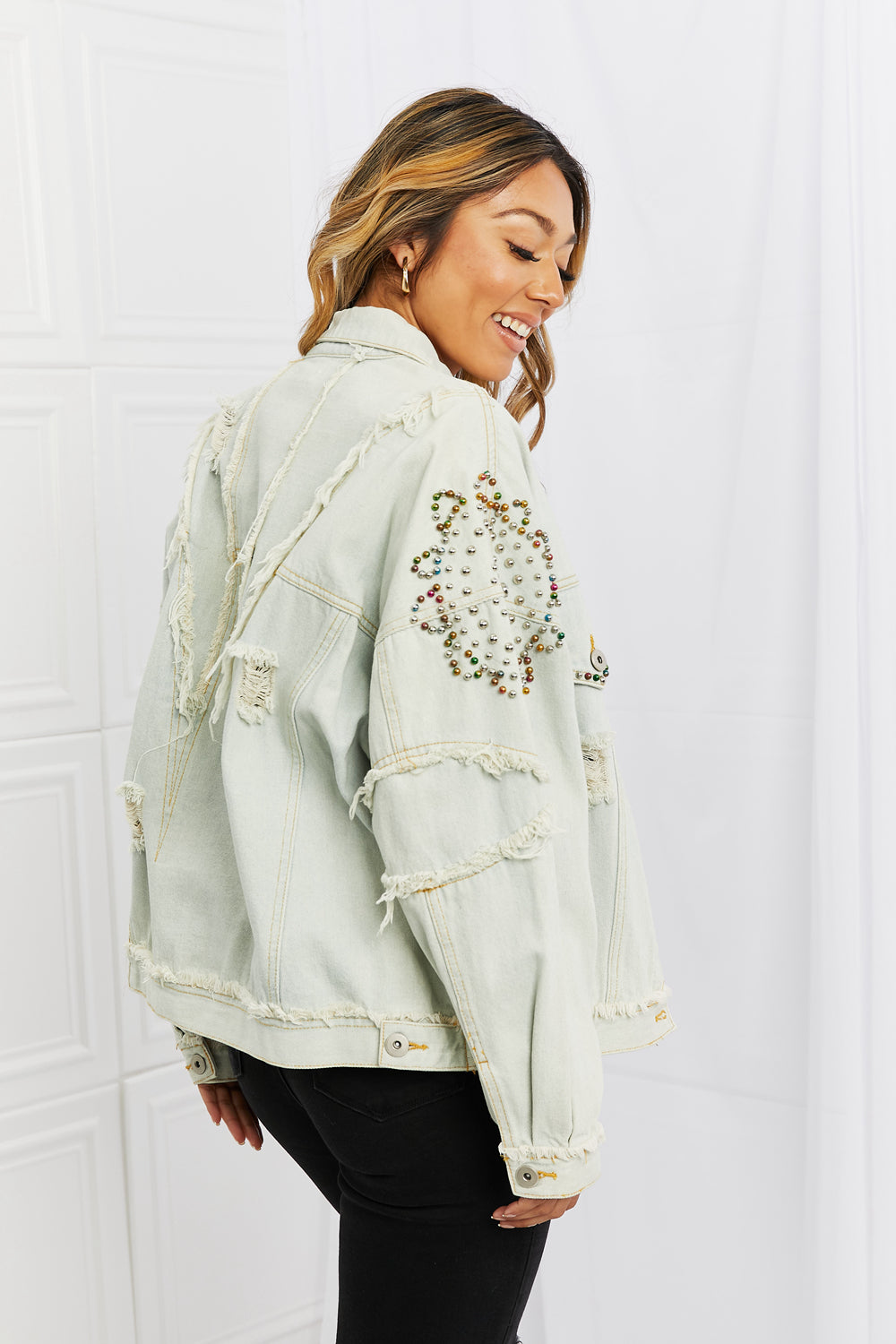 POL Bead It Up Beaded Denim Jacket