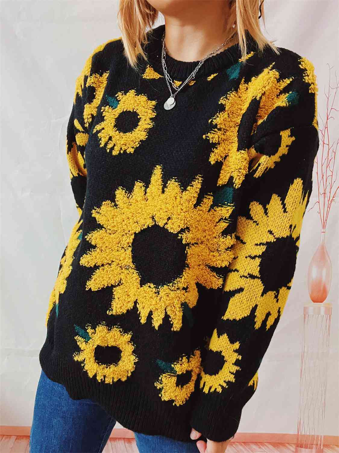 Pullover mit Sonnenblumen-Print und langen Ärmeln