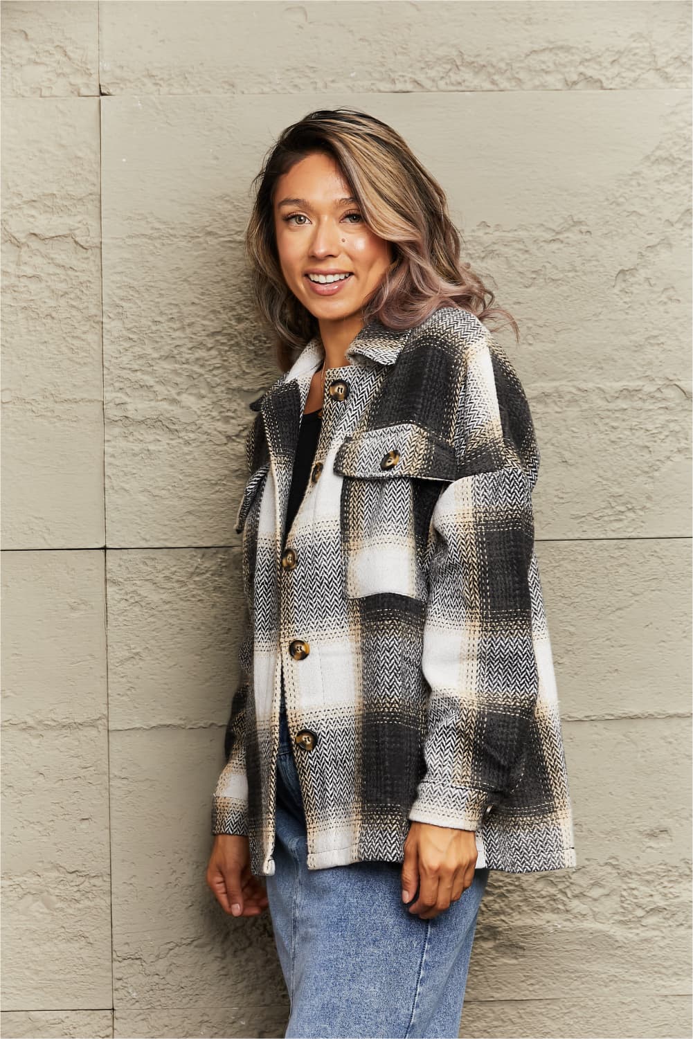 Plaid Dropped Shoulder Collared Jacket