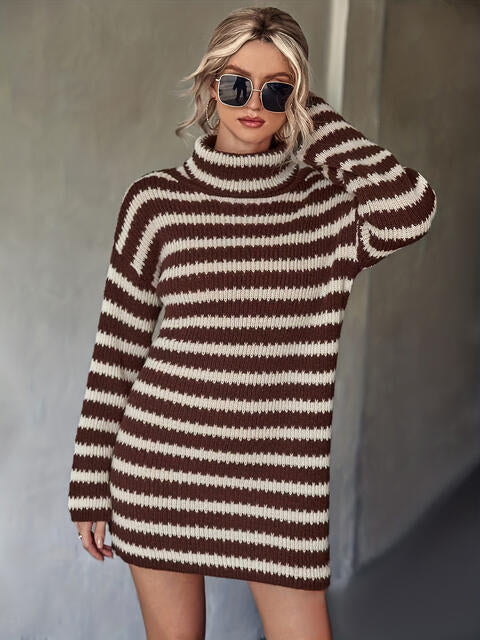 Striped Turtleneck  Longline Sleeve Sweater Dress