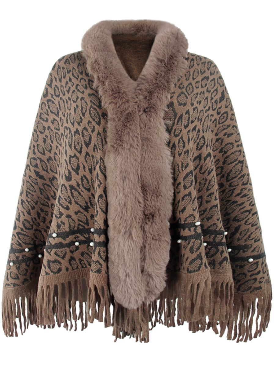 Poncho mit Leopardenmuster und Fransensaum