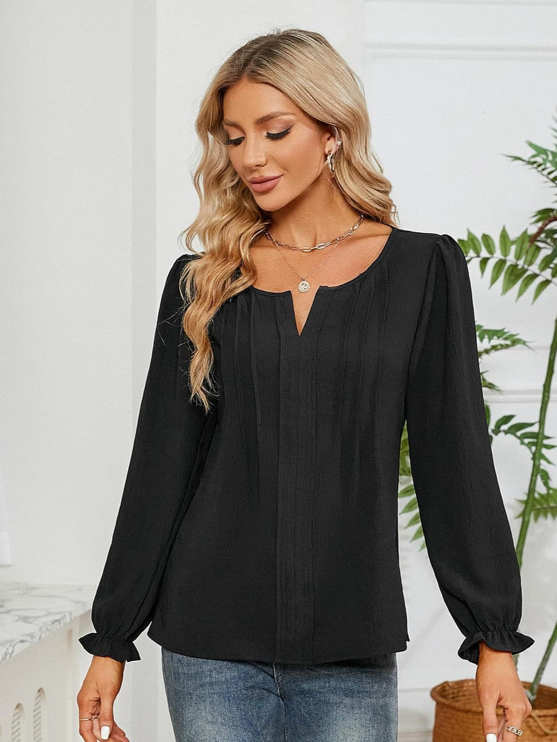 Notched Flounce Sleeve Blouse