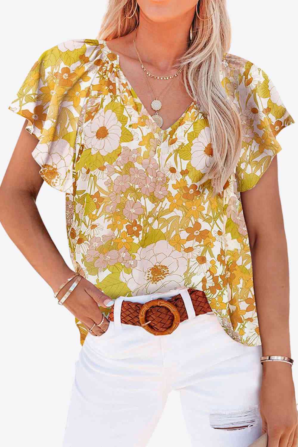 Floral V-Neck Flutter Sleeve Blouse