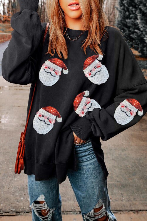 Sweatshirt mit Rundhalsausschnitt, Schlitz und Pailletten und Weihnachtsmann-Motiv